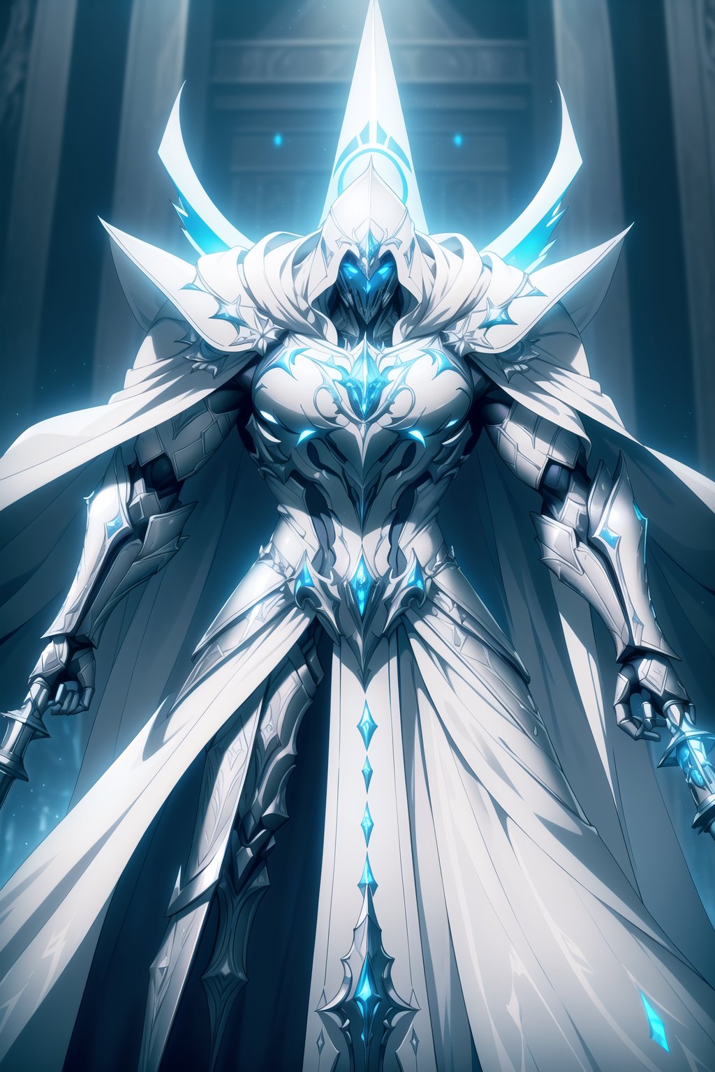 (Masterpiece, Best Quality), (Battle Priest in Warframe Style Armor), (Masculine Appearance:1.4), (Muscular Frame Build:1.2), (Glowing Blue Eyes), (Wearing White and Blue Templar-Themed Armored Robe, White Hood, and White Flowing Cloak:1.4), (Wielding a Silver Mace:1.4) (Cathedral Hall at Night:1.4), (Action Pose:1.4), Centered, (Half Body Shot:1.4), (From Front Shot:1.2), Insane Details, Intricate Face Detail, Intricate Hand Details, Cinematic Shot and Lighting, Realistic and Vibrant Colors, Sharp Focus, Ultra Detailed, Realistic Images, Depth of Field, Incredibly Realistic Environment and Scene, Master Composition and Cinematography, castlevania style,castlevania style,WARFRAME