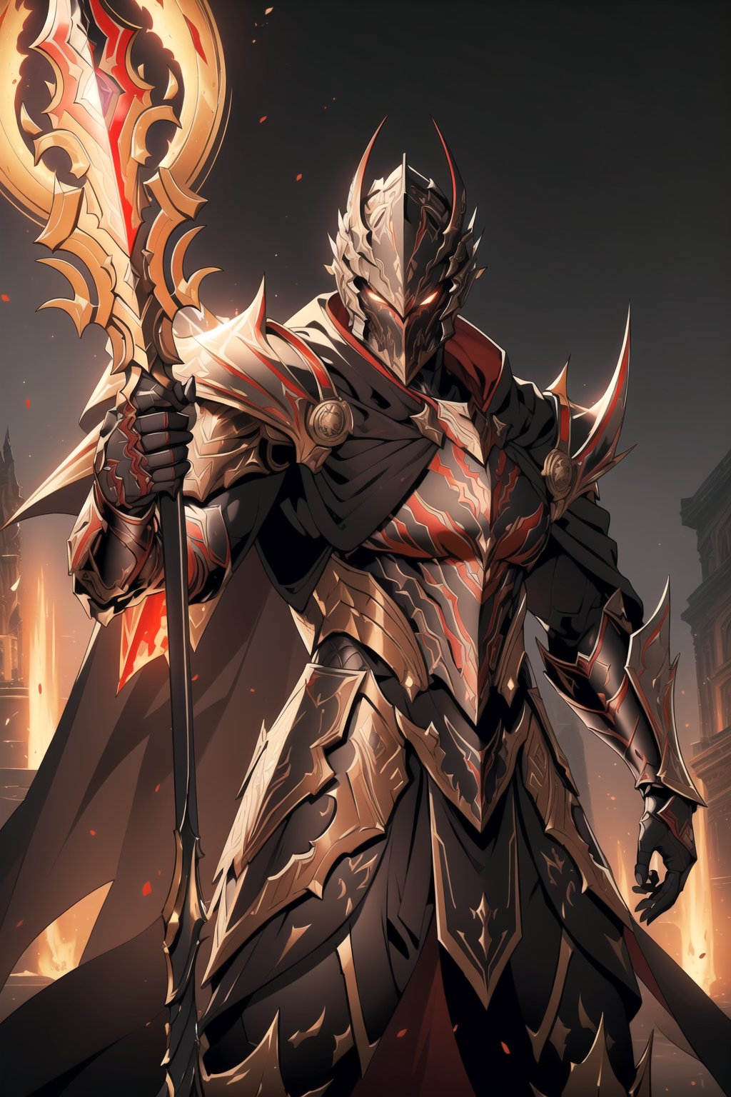 (Masterpiece, Best Quality), (Spartan Warrior in Warframe Style Armor), (Masculine Appearance:1.4), (Muscular Frame Build:1.2), (Glowing Golden Eyes), (Wearing Red and Black Spartan-Themed Armor and Black Flowing Cloak:1.4), (Wielding a Flaming Sword and Shield:1.4), (Colloseum Arena at Noon:1.2), (Action Pose:1.4), Centered, (Half Body Shot:1.4), (From Front Shot:1.2), Insane Details, Intricate Face Detail, Intricate Hand Details, Cinematic Shot and Lighting, Realistic and Vibrant Colors, Sharp Focus, Ultra Detailed, Realistic Images, Depth of Field, Incredibly Realistic Environment and Scene, Master Composition and Cinematography, castlevania style,castlevania style,WARFRAME