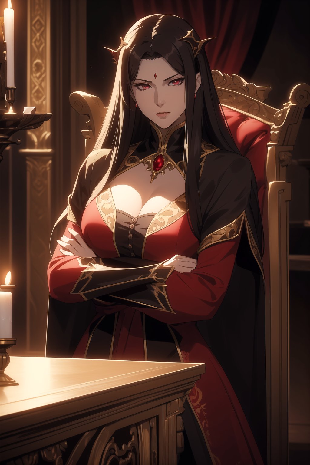 (Masterpiece, Best Quality),  (A Regal 30-Year-Old Looking Female Vampire Queen), (Flowing Ebony Hair), (Regal Ruby Eyes), (Pallid and Alluring Skin), (Wearing Queenly Red Vampire Gown), (Dark Castle Altar:1.2), (Crossed Arms Pose:1.4), Centered, (Half Body Shot:1.4), (From Front Shot:1.4), Insane Details, Intricate Face Detail, Intricate Hand Details, Cinematic Shot and Lighting, Realistic and Vibrant Colors, Sharp Focus, Ultra Detailed, Realistic Images, Depth of Field, Incredibly Realistic Environment and Scene, Master Composition and Cinematography,castlevania style