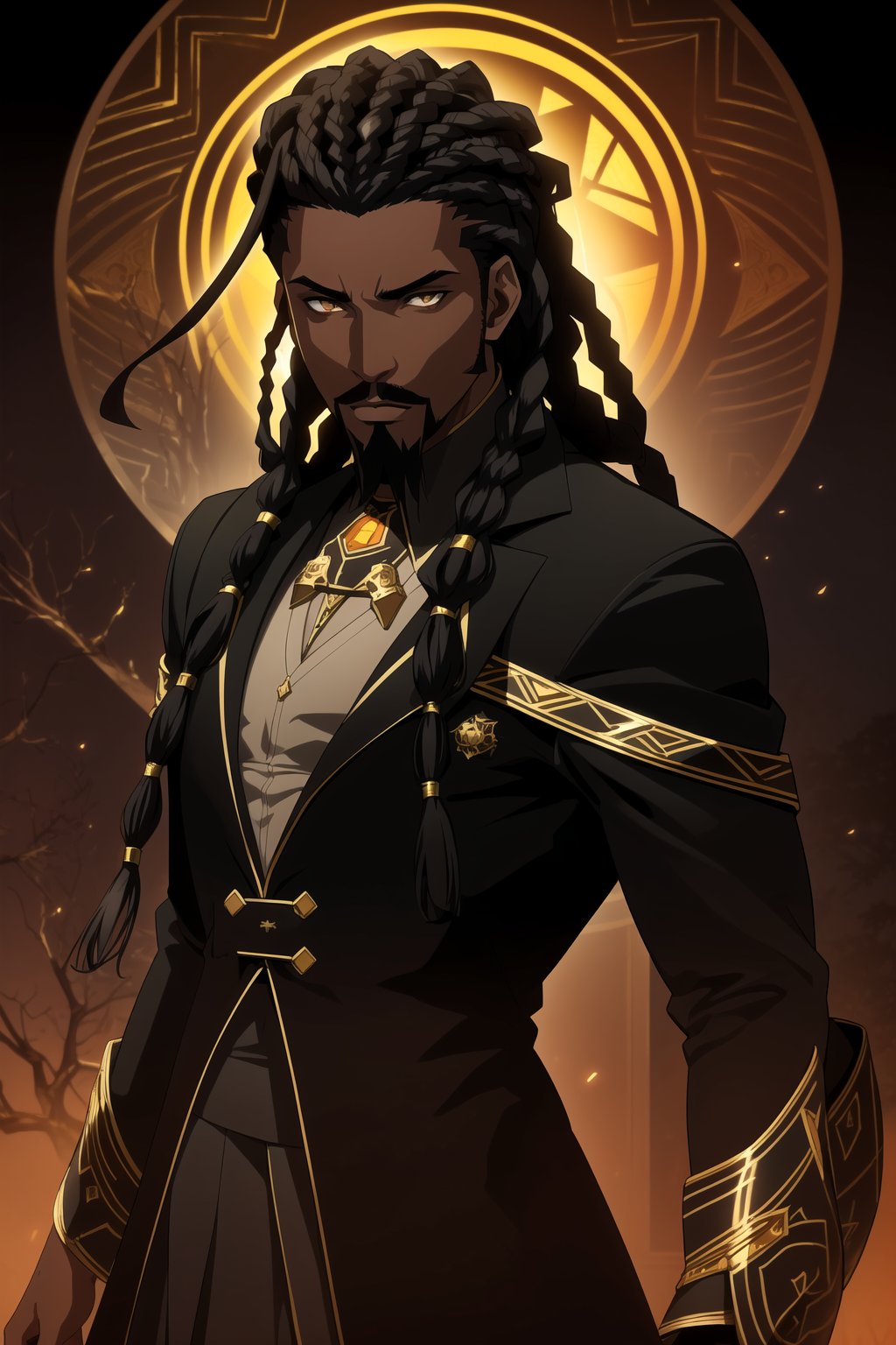 (Masterpiece, Best Quality),  (A Fierce 30-Year-Old African-American Male Shadow Mage), (Dreadlocked Black Hair with Thin Black Goatee:1.4), (Ebony Skin), (Sharp Amber Eyes:1.2), (Wearing Black and Gold Long Coat:1.4), (Dark Forest with Black Fog:1.4), Centered, (Half Body Shot:1.4), (From Front Shot:1.4), Insane Details, Intricate Face Detail, Intricate Hand Details, Cinematic Shot and Lighting, Realistic and Vibrant Colors, Sharp Focus, Ultra Detailed, Realistic Images, Depth of Field, Incredibly Realistic Environment and Scene, Master Composition and Cinematography,castlevania style