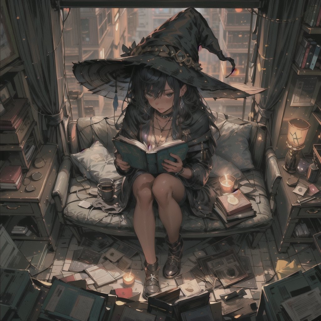 picture of a ((casual modern witchy room, girl reading a book at far distance)),  (full body), (darkness),  (above perspective), girl looking down, casual cute attire, room decorations, crystal towers, cup of hot tea, candles, books, highly detailed, 4k, HD, crispy, smooth, masterpiece, digital art, beautiful, 