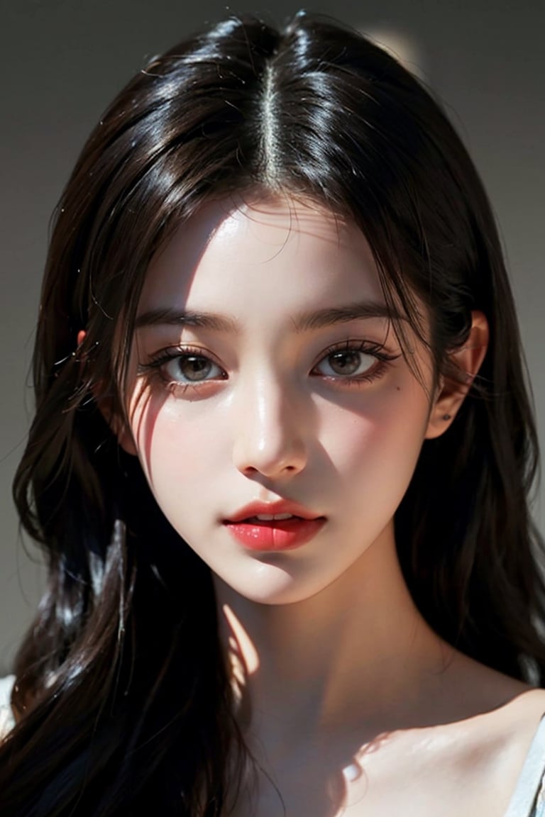 a 20 yo woman,long hair,dark theme, soothing tones, muted colors, high contrast, (natural skin texture, hyperrealism, soft light, sharp),simple background, (facing front), ((looking_at_viewer, pov_eye_contact, looking_at_camera, headshot, head_portrait, headshot_portrait)),wonyounglorashy