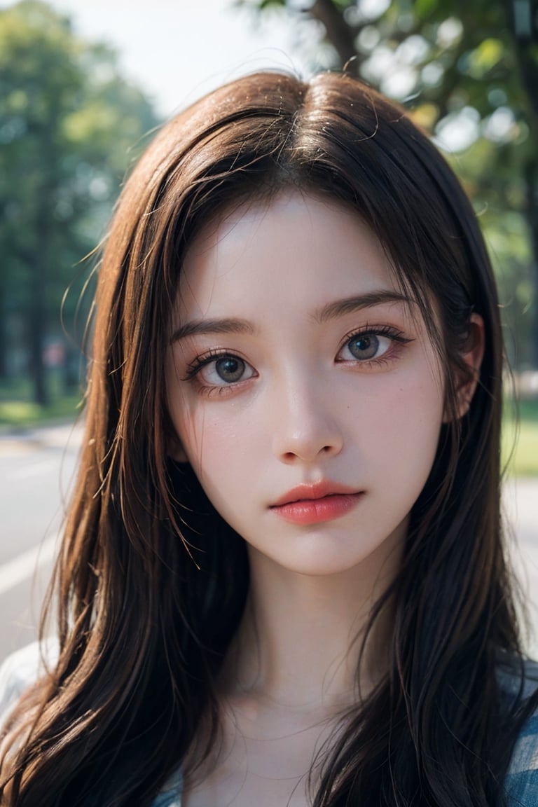 a 20 yo woman,long hair,dark theme, soothing tones, muted colors, high contrast, (natural skin texture, hyperrealism, soft light, sharp),simple background, (facing front), ((looking_at_viewer, pov_eye_contact, looking_at_camera, headshot, head_portrait, headshot_portrait)),sullyoonlorashy,