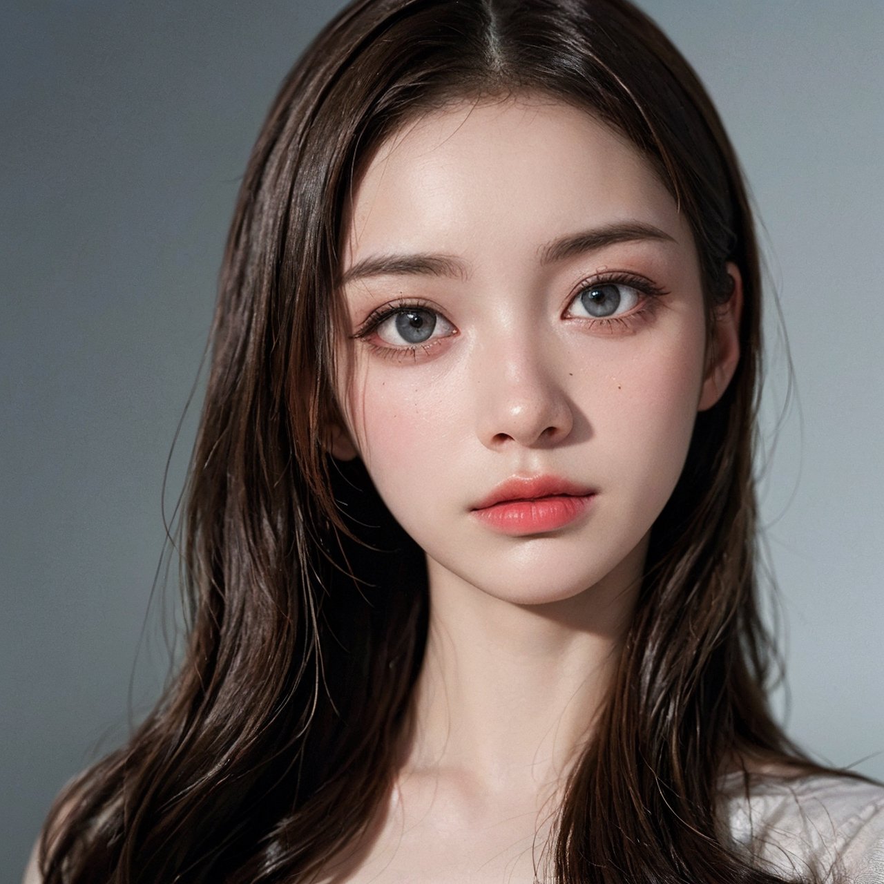 a 20 yo woman,long hair,dark theme, soothing tones, muted colors, high contrast, (natural skin texture, hyperrealism, soft light, sharp),simple background, (((looking_at_viewer, pov_eye_contact, looking_at_camera, headshot, head_portrait, headshot_portrait, facing front))), sullyoonlorashy