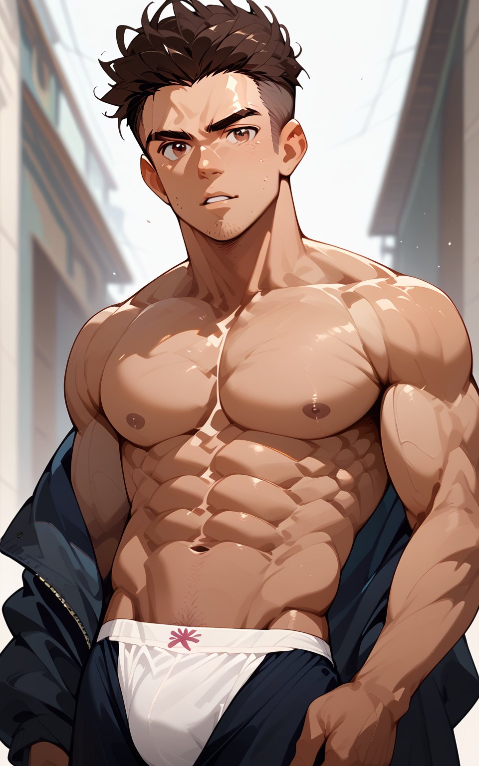 score_9, score_8_up, score_7_up,man, looking at viewer,short hair,brown hair,black hair,navel,underwear,parted lips,pants,pectorals,realistic,stubble,male underwear
