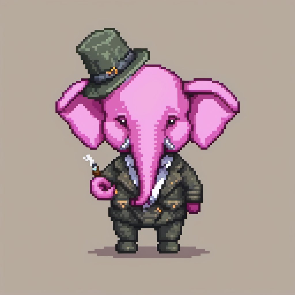 pixel art, cartoon pink elephant in adventurer outfit and wearing a skullcap, smoking the pipe, sideview.