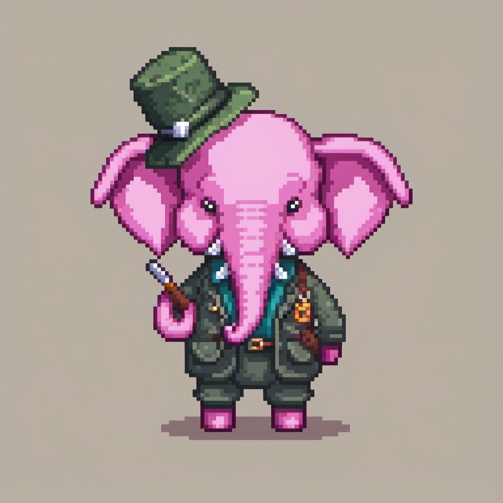 pixel art, cartoon pink elephant in adventurer outfit and wearing a skullcap, smoking the pipe.