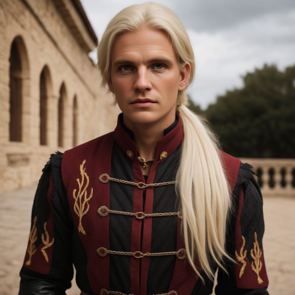 (ultraquality)), ((masterpiece)), ((medieval)), (detailed eyes), ((detailed face)), ((volumetric light)), natural eyebrows, (pale skin:1.2), portrait of a man, (close-up portrait:1.2), realistic, A thirty years old man with pale skin looks at the camera, long waist length hair, (straight white hair with yellow blonde hair highlighting:1.2), hair tied up in a ponytail, hair thrown back, wind, large build, tall and thin, broad shoulders, wear medieval male dark red outfit with all-over pattern, black inserts, golden elements, beige flames embroidery on the collar, stands in the medieval terrace, a silver sword with orange rubies, golden belt and black leather pants, light eyebrows, soft smile, a warrior, intelligent, interacts, medieval series inspired, medieval movie screencaps, realistic shot, from afar, half-body, high detailed, ( mesmerizing eyes), (little Tom Glynn-Carney nose:0.5), (Tom Glynn-Carney portrait:0.5), (sharp straight nose:1.3), (Tom Glynn-Carney eyes and eyebrows:1.4), (short epicanthus:1.3), (dimple on the chin:1.3), (short narrow nose:1.3), (thirty years old man:1.3), (a heart shaped face:1.3), (bristle:1.6), (plump lips:1.3), (heart shaped lips:1.3), (Protruding Upturned Eyes:1.3), (thin eyebrows:1.3), (big eyes:1.3), (wide eyes:1.3), Masterpiece,photorealistic,mature,Masterpiece