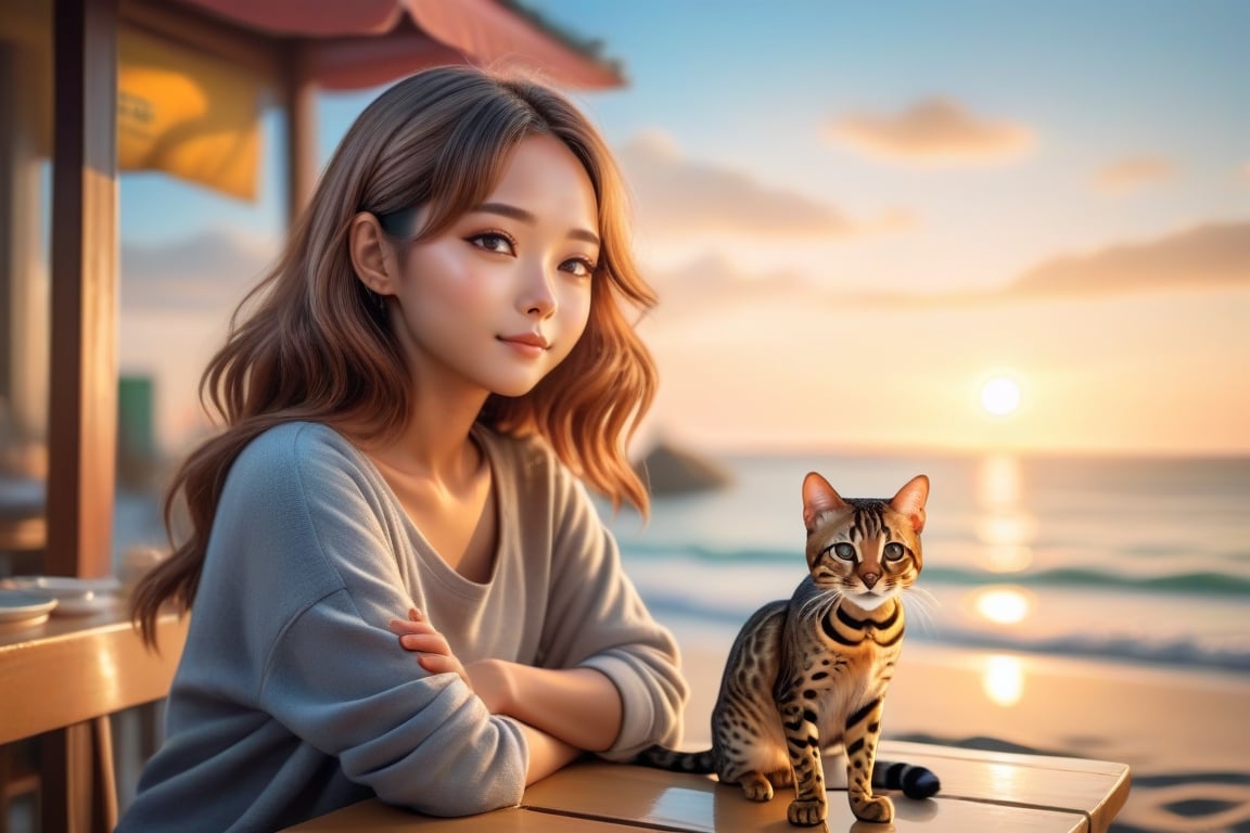 ( beautiful mid hair korean girl )with(  cute little small leopard print bengal cat) relaxing cafe next to the ocean beach in sunset listening to music, soft lighting, sharp focus, glitter in the air, bokeh, highly detailed, by Artgerm, trending on artstation, kawaii, intricate, iridescent, watercolor painting,p1c4ss0,chinese new year,,cinematic  moviemaker modern style ,Sharp eyes ,Gopn1k