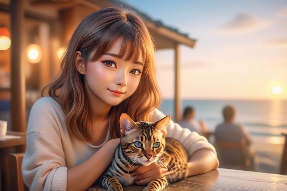 ( beautiful mid hair korean girl )with(  cute little small leopard print bengal cat) relaxing cafe next to the ocean beach in sunset listening to music, soft lighting, sharp focus, glitter in the air, bokeh, highly detailed, by Artgerm, trending on artstation, kawaii, intricate, iridescent, watercolor painting,p1c4ss0,chinese new year,,cinematic  moviemaker modern style ,Sharp eyes ,Gopn1k
