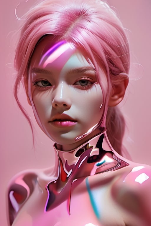 Surreal!! lightpink chrome double exposure. Very pretty  super midel face. Liquid lightpink ink covered,Incredibly detailed matte paint with rough paint strokes and textures,By Frank Franzzeta,lightpink metal background,