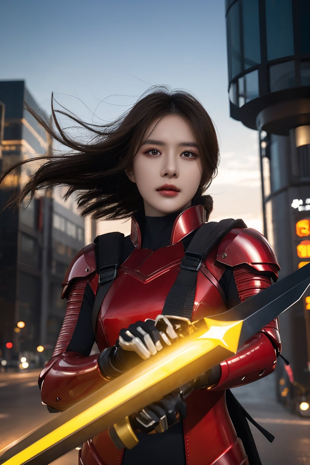 A captivating illustration of a female cyber samurai clad in striking red armor, exuding confidence and strength. Her sleek, futuristic helmet with a visor conceals her face, while she holds a high-tech sword with precision. The background is a blend of a futuristic cityscape, with flying grass and wind effects, creating a dynamic and immersive atmosphere. The overall composition is both bold and striking, with a strong sense of visual impact.,1 girl ,solo,beauty,girl,20 years old