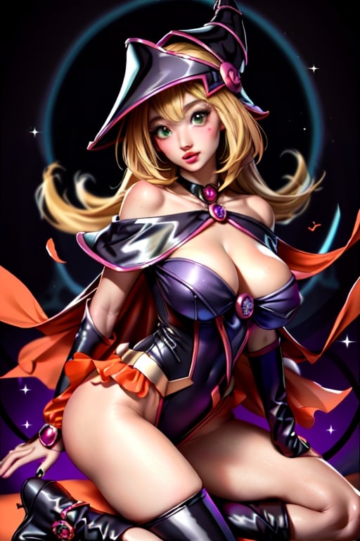 solo,masterpiece,bangs, bare_shoulders, slim hands,black_legwear,collarbone, {big milkers} milf,sugimori ken \(style\) (full body),1girl,high_resolution,black_tights,(Dark_Magican_Girl:1.3),dark magician girl,light_blonde_hair,(hallowen theme:1.3),High detailed ,high quality,Detailed face,looking_at_viewer,wizard_hat,full body,green_eyes,eyeshadow,perfect_fingers,heart power,(fusion of orange satin dress and pumpkin clothes:1.1),(sexy_lip_biting_face:1.3), sky, star (sky), scenery,1girl wearing a pumpkin dress,blush,black boots,8k,