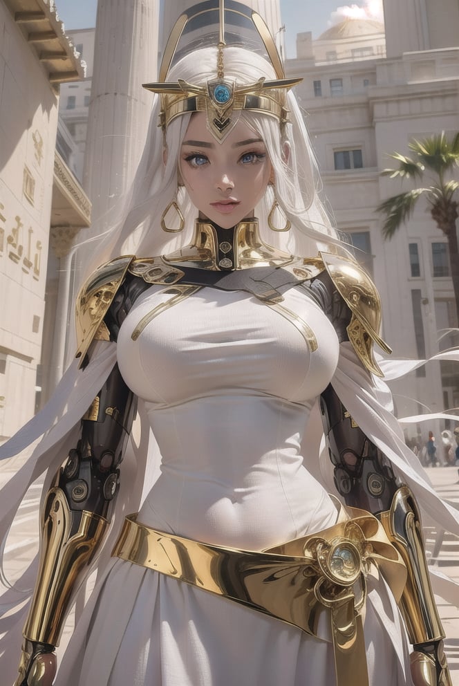 vibrant colors, cyber girl, masterpiece, sharp focus, best quality, depth of field, cinematic lighting, white hair, light blue eyes, Egyptian, wide hips, teenage woman with robot parts, big breasts, curves, gold jewelry Egyptian, Egyptian royal gold pyramid, brown skin ((like chocolate)). Behind her stands Osiris, holding her shoulders..