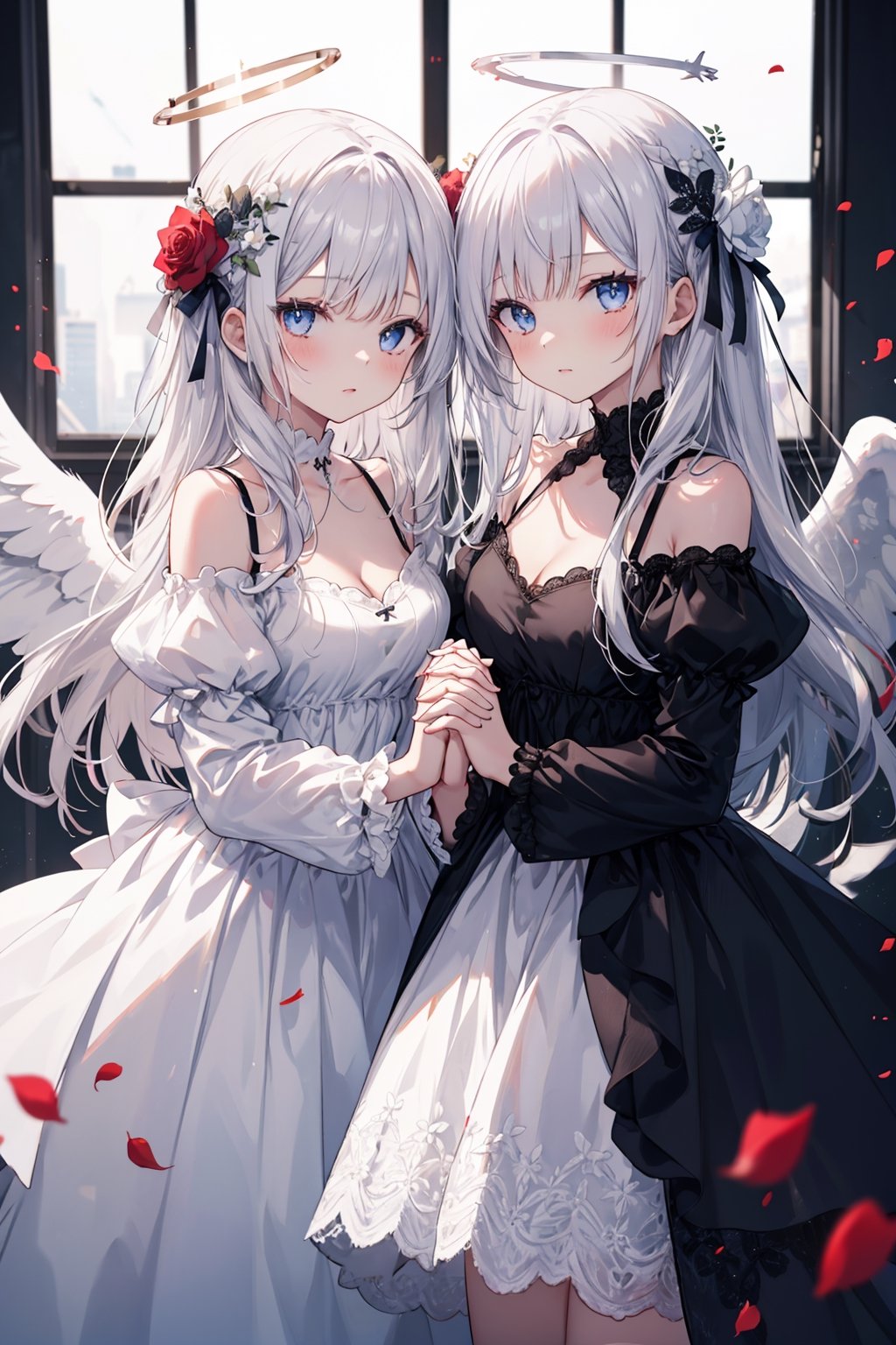 masterpiece, best quality, ultra-detailed, extremely detailed, depth of field, ((2girl, twins)), white_angel with white further wing and white halo, black_angel with black further wing and dark halo, cowboy shot,cleavage,off shoulder,hair flower, off-shoulder dress, puffy long sleeves, puffy sleeves, rose petals, Heterochromatic pupil, cloud, sky, ((holding hands))
