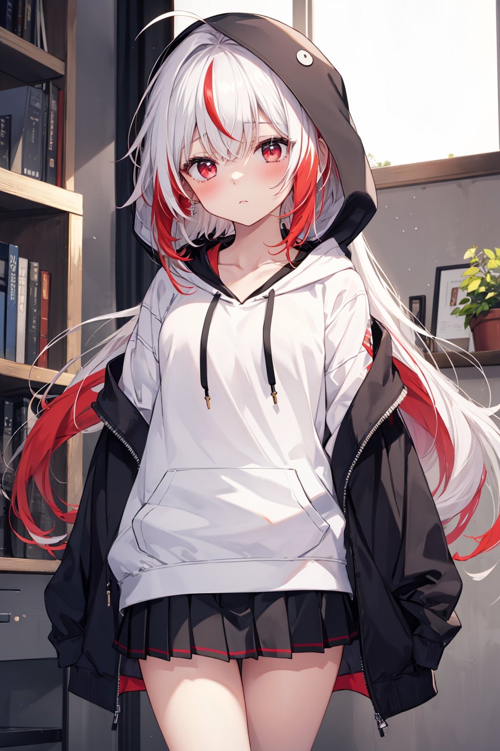masterpiece, best quality, ultra-detailed, extremely detailed, depth of field, 1girl, solo, long hair, looking at viewer, blush, bangs, skirt, red eyes, long sleeves, very long hair, long sidelocks, standing, sleepy, tired eyes, cute expression, collarbone, ahoge, white hair, red hair, multicolored hair, gradient hair, cowboy shot, pleated skirt,  indoors, hood, miniskirt, two-tone hair, hoodie, white skirt, black hoodie