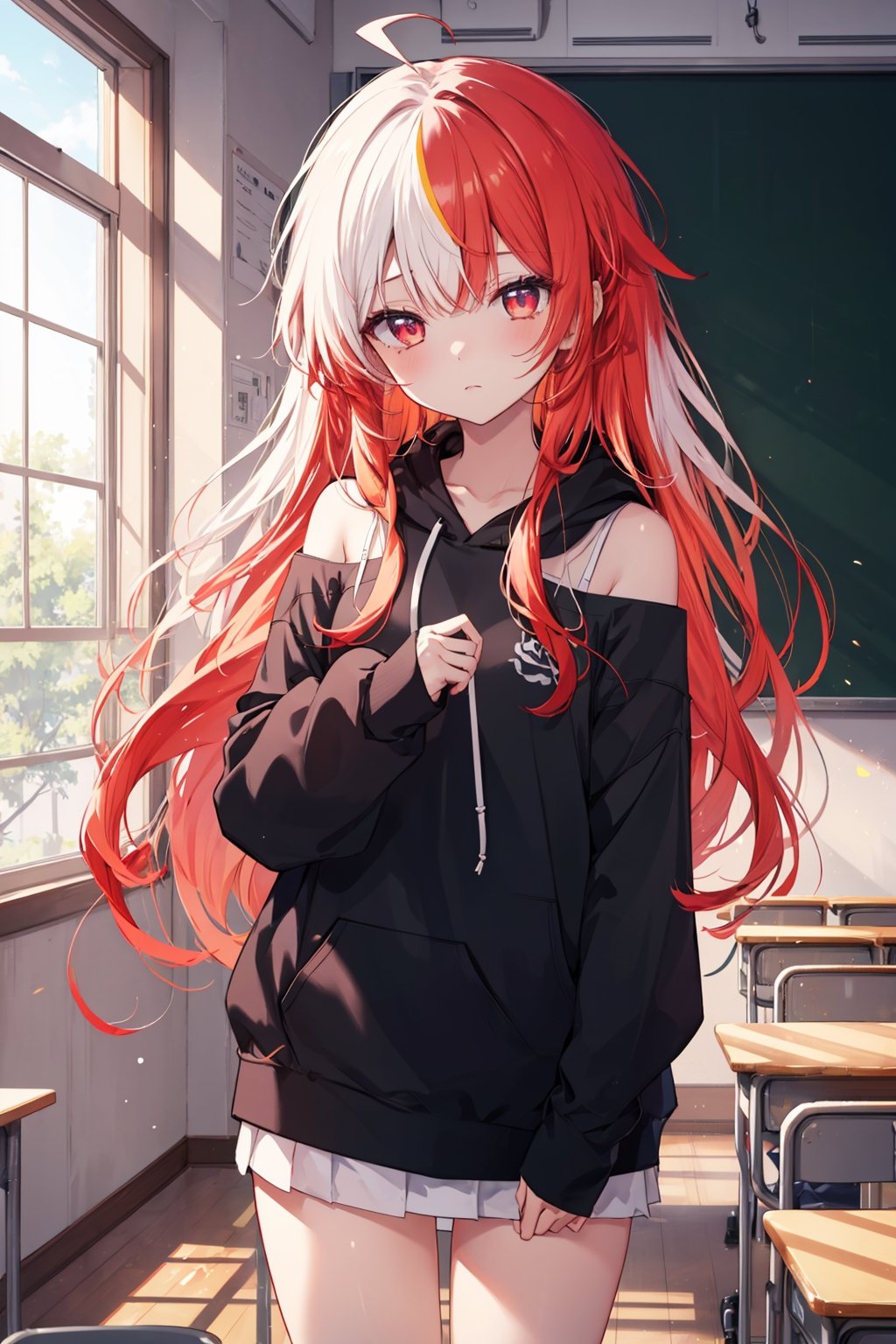 masterpiece, best quality, ultra-detailed, extremely detailed, depth of field, 1girl, slim waist, long hair, white hair, messy hair, long bangs, curled ahoge, long sidelocks, ((fiery hair, fiery hair gradient)), red eyes, Pupil flare, eye iris gradient, detailed eyes, black oversized shirt, shirt, off shoulder, black hoodie, standing, looking at the viewer, sleepy, tired eyes, cute expression, line art, anime style, cowboy shot, school, indoor, classroom, japanese school. Japanese Anime Style, lineart, Slightly blurred background, camera focused on the eyes