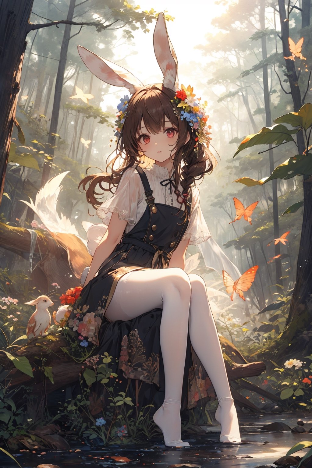 \ Mysterious Forest\, fantasy theme, cute and sweet theme, 1girl, solo, rabbit ears, red eyes, wearing frilled dress, pinafore, pantyhose, head dress, brown long hair, twin braid, hair ornaments, flower ornaments, sitting on stump, forest, glowing flowers and mashrooms, lantarns, butterflies, birds, foxes, Squirrels background, ink painting, Colorful Pastels, dreamlike, vivid illumination, 