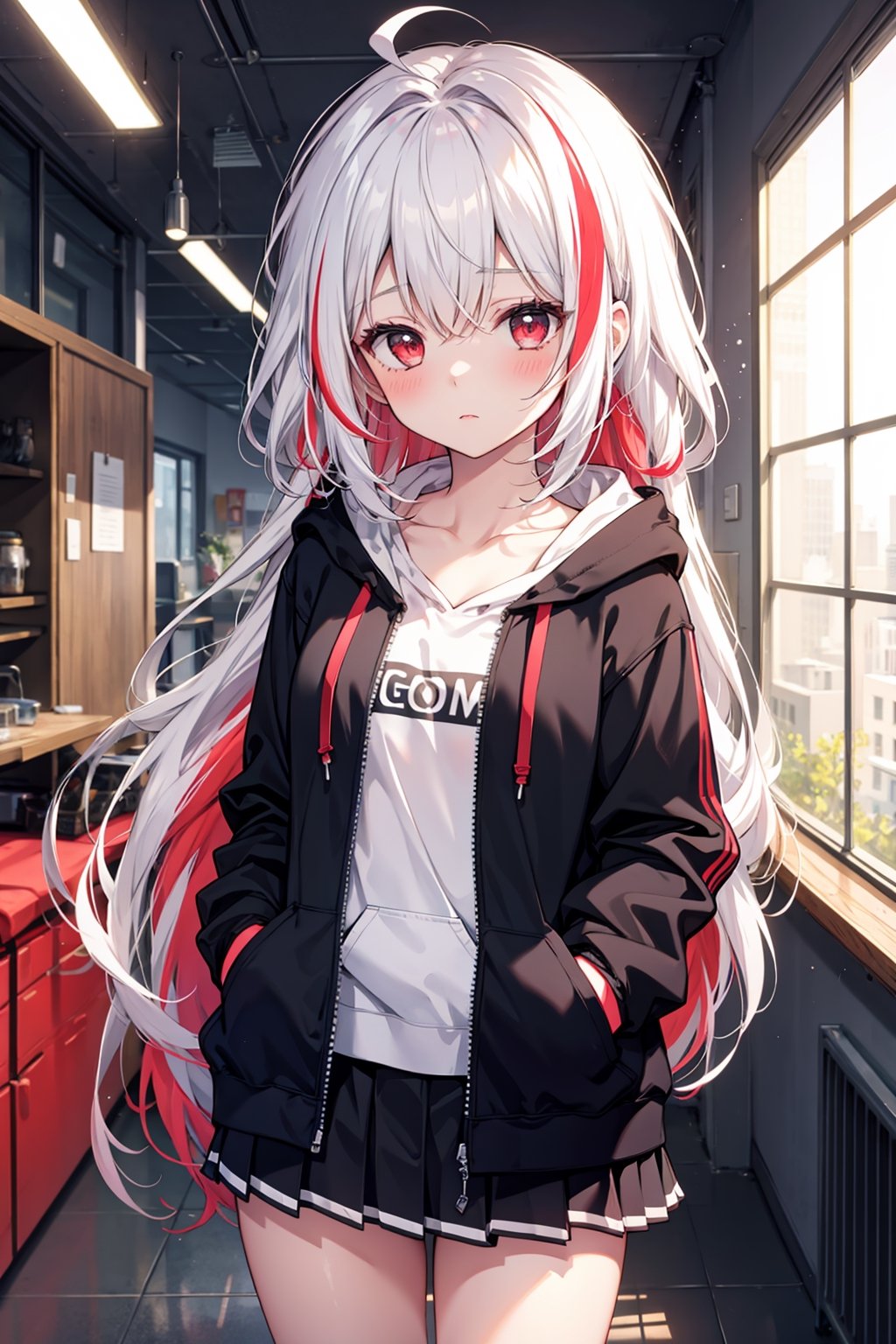 masterpiece, best quality, ultra-detailed, extremely detailed, depth of field, 1girl, solo, long hair, looking at viewer, blush, bangs, skirt, red eyes, long sleeves, very long hair, long sidelocks, standing, sleepy, tired eyes, cute expression, collarbone, ahoge, white hair, red hair, multicolored hair, cowboy shot, pleated skirt,  indoors, hood, miniskirt, two-tone hair, streaked hair, hoodie, white skirt, black hoodie