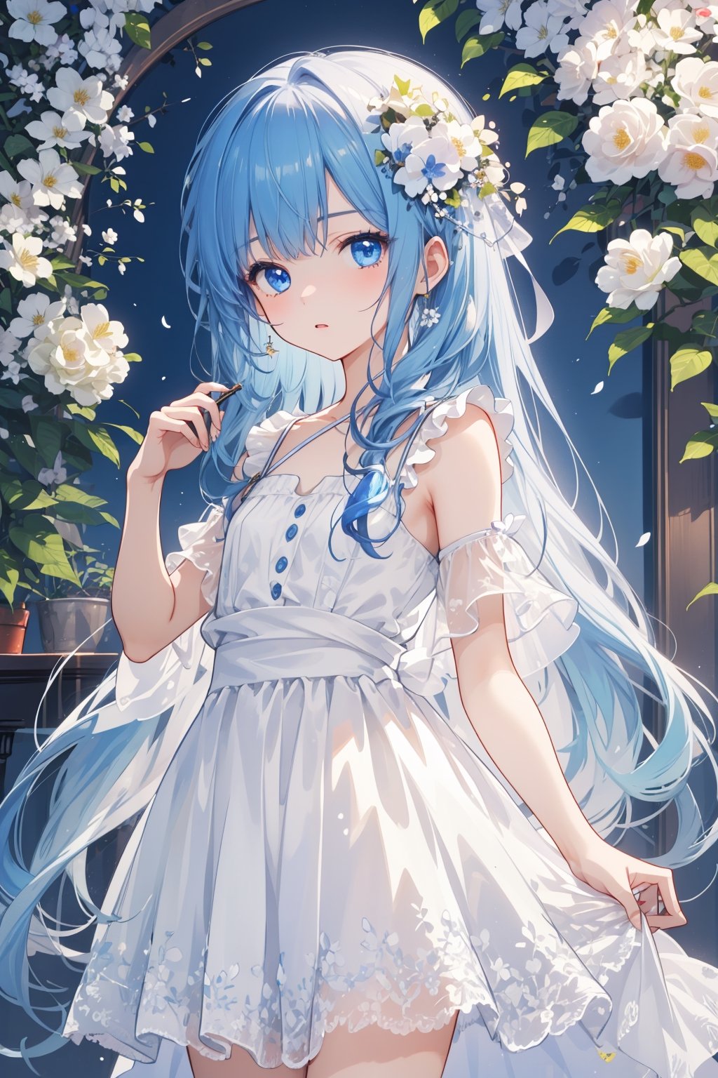masterpiece, best quality, ultra detailed, extremely detailed, wallpaper, (1 girl, White long hair), (Small flowers in hair)), Clear blue dress, Blue eyes