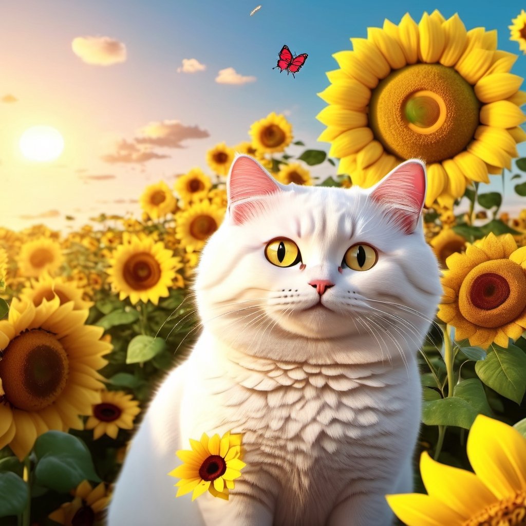 REALISTIC
A cute happy white cat playing with SNOOPY among sunflowers and roses, several white cats playing with sunflowers and roses, hdr, 8k, subsurface scattering, specular light, high resolution, octane rendering,