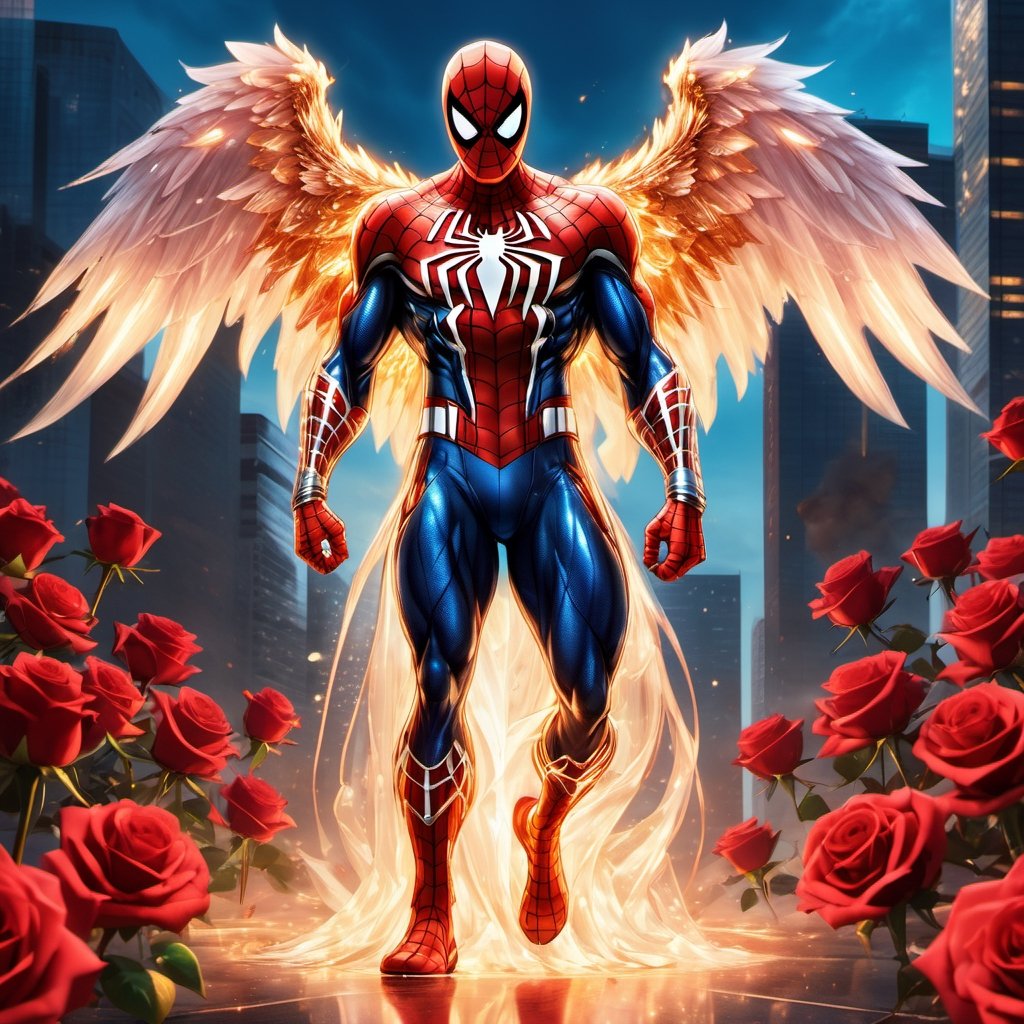 Realistic
Description of a [WHITE SPIDERMAN with WHITE wings] muscular arms, very muscular and very detailed, dressed in full body armor filled with red roses with ELECTRIC LIGHTS all over his body, bright electricity running through his body, full armor, letter medallion . H, H letters all over uniform, H letters all over armor, metal gloves with long sharp blades, swords on arms. , (metal sword with transparent fire blade).holding it in the right hand, full body, hdr, 8k, subsurface scattering, specular light, high resolution, octane rendering, field background, ANGEL WINGS,(ANGEL WINGS ), transparent fire sword, golden field background with red ROSES, fire whip held in his left hand, fire element, armor that protects the entire body, (SPIDERMAN) fire element, fire sword, golden armor, medallion with the letter H on the chest, SPIDERMAN, open field background with red roses, red roses on the suit, letter H on the suit, muscular arms