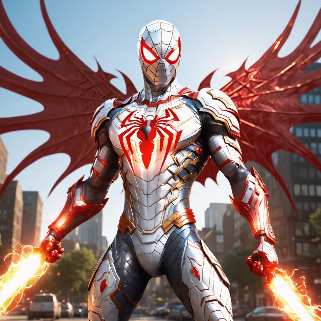 Realistic
Description of a very muscular and highly detailed [WHITE SPIDERMAN with WHITE wings], dressed in full body armor filled with red roses with ELECTRIC LIGHTS all over his body, bright electricity running through his body, full armor, letter medallion. H, H letters all over uniform, H letters all over armor, metal gloves with long sharp blades, swords on arms. , (metal sword with transparent fire blade).holding it in the right hand, full body, hdr, 8k, subsurface scattering, specular light, high resolution, octane rendering, field background, ANGEL WINGS,(ANGEL WINGS ), transparent fire sword, golden field background with red ROSES, fire whip held in his left hand, fire element, armor that protects the entire body, (SPIDERMAN) fire element, fire sword, golden armor, medallion with letter H on his chest,more detail XL,cyborg style,salttech,flower4rmor,hdsrmr,DonMPl4sm4T3chXL 