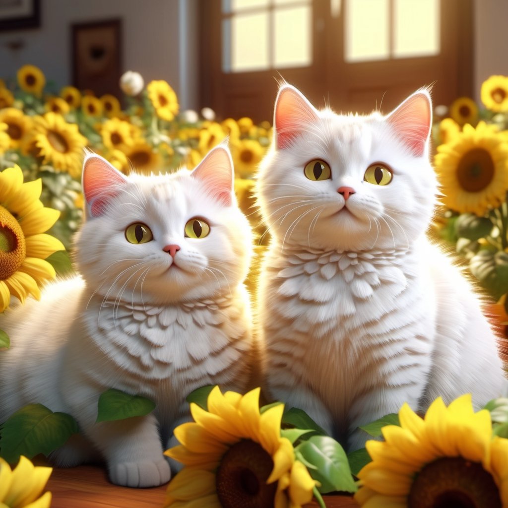 REALISTIC
CUTE WHITE CATS resting and playing among sunflowers and roses, several white cats playing with sunflowers and roses,hdr, 8k, subsurface scattering, specular light, high resolution, octane rendering,cat,more detail XL