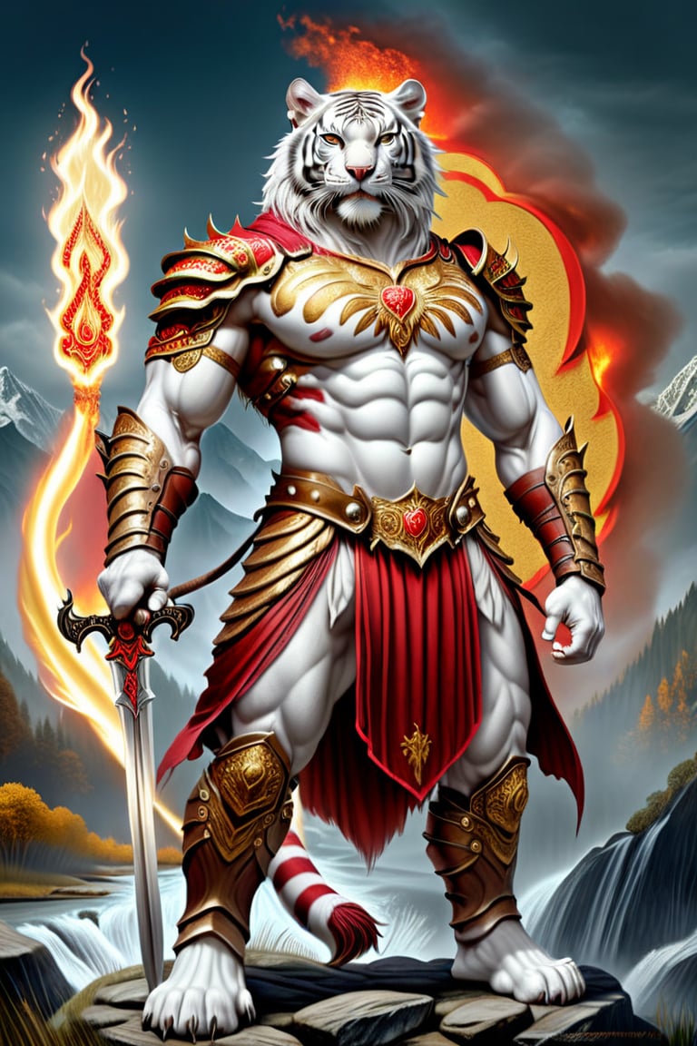 realistic
Full body image of a HUMAN WHITE TIGER warrior with golden and red armor, fire sword in his right hand and very strong shield of roses in his left hand, muscular body, very big muscles, giant muscles, WHITE TIGER face, SKIN WHITE, muscles in arms and legs, background of golden wheat and abundance of rivers and faith, Letter H on her chest