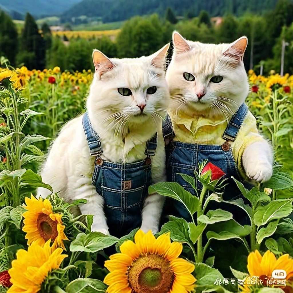REALISTIC
CUTE WHITE CATS resting and playing among sunflowers and roses, several white cats playing with sunflowers and roses,hdr, 8k, subsurface scattering, specular light, high resolution, octane rendering,cat
