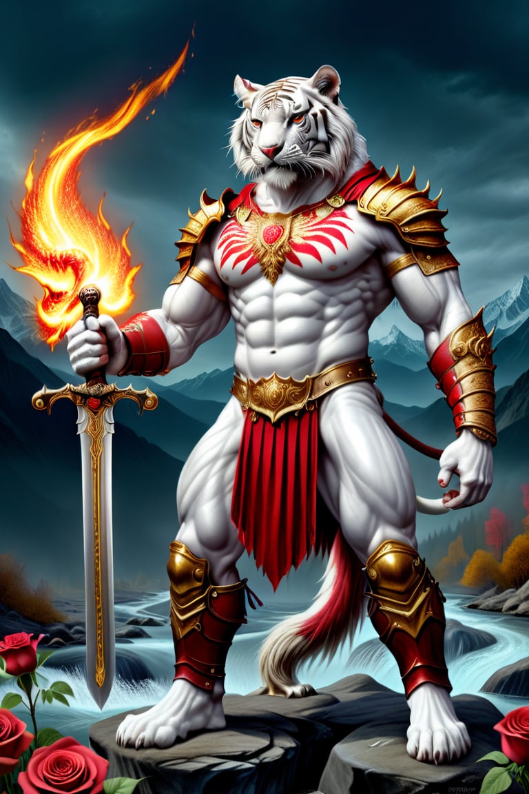 realistic
Full body image of a HUMAN WHITE TIGER warrior with golden and red armor, fire sword in his right hand and very strong shield of roses in his left hand, muscular body, very big muscles, giant muscles, WHITE TIGER face, SKIN WHITE, muscles in arms and legs, background of golden wheat and abundance of rivers and faith, Letter H on his chest, MOUNTED ON A GIANT TIGER