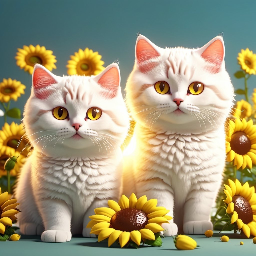 REALISTIC
CUTE WHITE CATS playing among sunflowers and roses, several white cats playing with sunflowers and roses, hdr, 8k, subsurface scattering, specular light, high resolution, octane rendering,