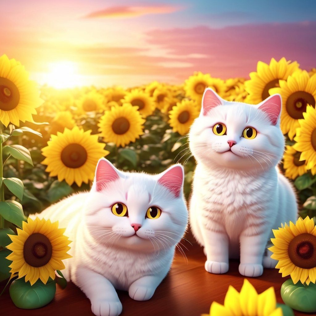 REALISTIC
CUTE happy WHITE CATS playing among sunflowers and roses, several white cats playing with sunflowers and roses, hdr, 8k, subsurface scattering, specular light, high resolution, octane rendering,cat