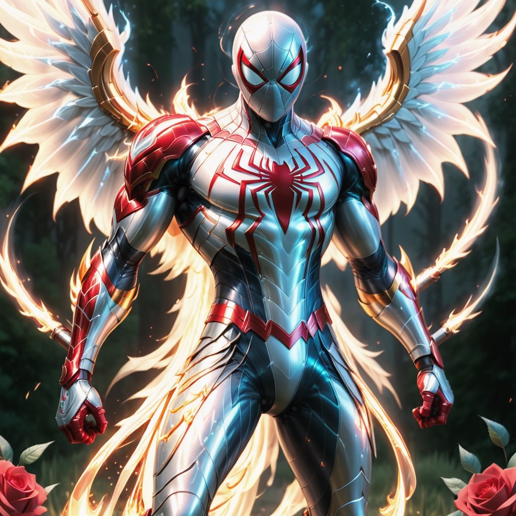 Realistic
Description of a very muscular and highly detailed [WHITE SPIDERMAN with WHITE wings], dressed in full body armor filled with red roses with ELECTRIC LIGHTS all over his body, bright electricity running through his body, full armor, letter medallion. H, H letters all over uniform, H letters all over armor, metal gloves with long sharp blades, swords on arms. , (metal sword with transparent fire blade).holding it in the right hand, full body, hdr, 8k, subsurface scattering, specular light, high resolution, octane rendering, field background, ANGEL WINGS,(ANGEL WINGS ), transparent fire sword, golden field background with red ROSES, fire whip held in his left hand, fire element, armor that protects the entire body, (SPIDERMAN) fire element, fire sword, golden armor, medallion with letter H on his chest,more detail XL,cyborg style