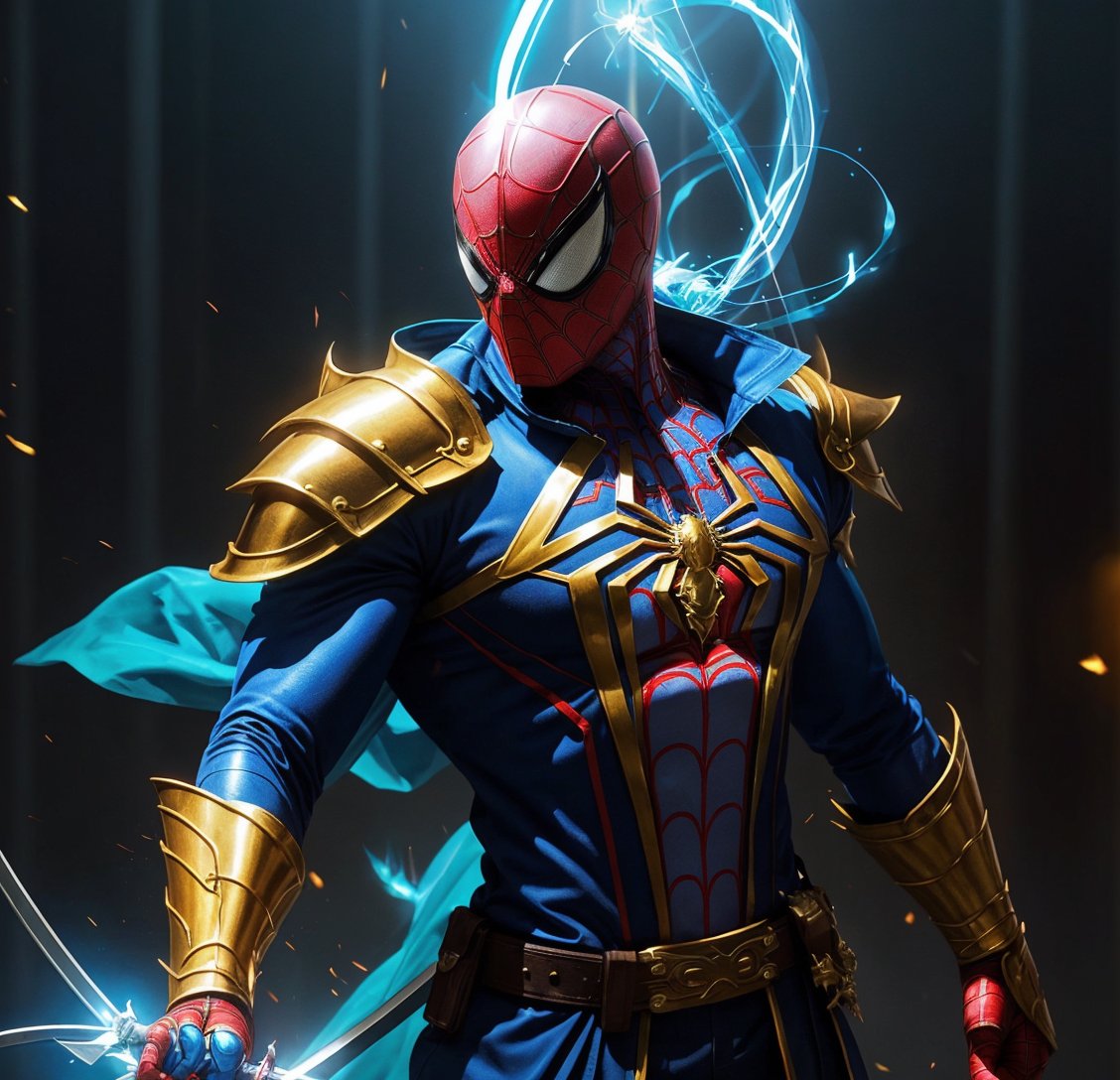 White SPIDERMAN, wears a WHITE suit, uses two blue fire swords, one in each hand, standing on a golden path, holds a blue fire sword in his right hand and a very shiny transparent blue sword in his left hand, muscular , muscular arms, best quality, teacher's workmanship, 8k, uhd, bright light, realistic style, has a letter H on his suit, hyper detailed muscles, DAY lighting, has a belt with letter H buckle,armor,nhdsrmr, rmspdvrs