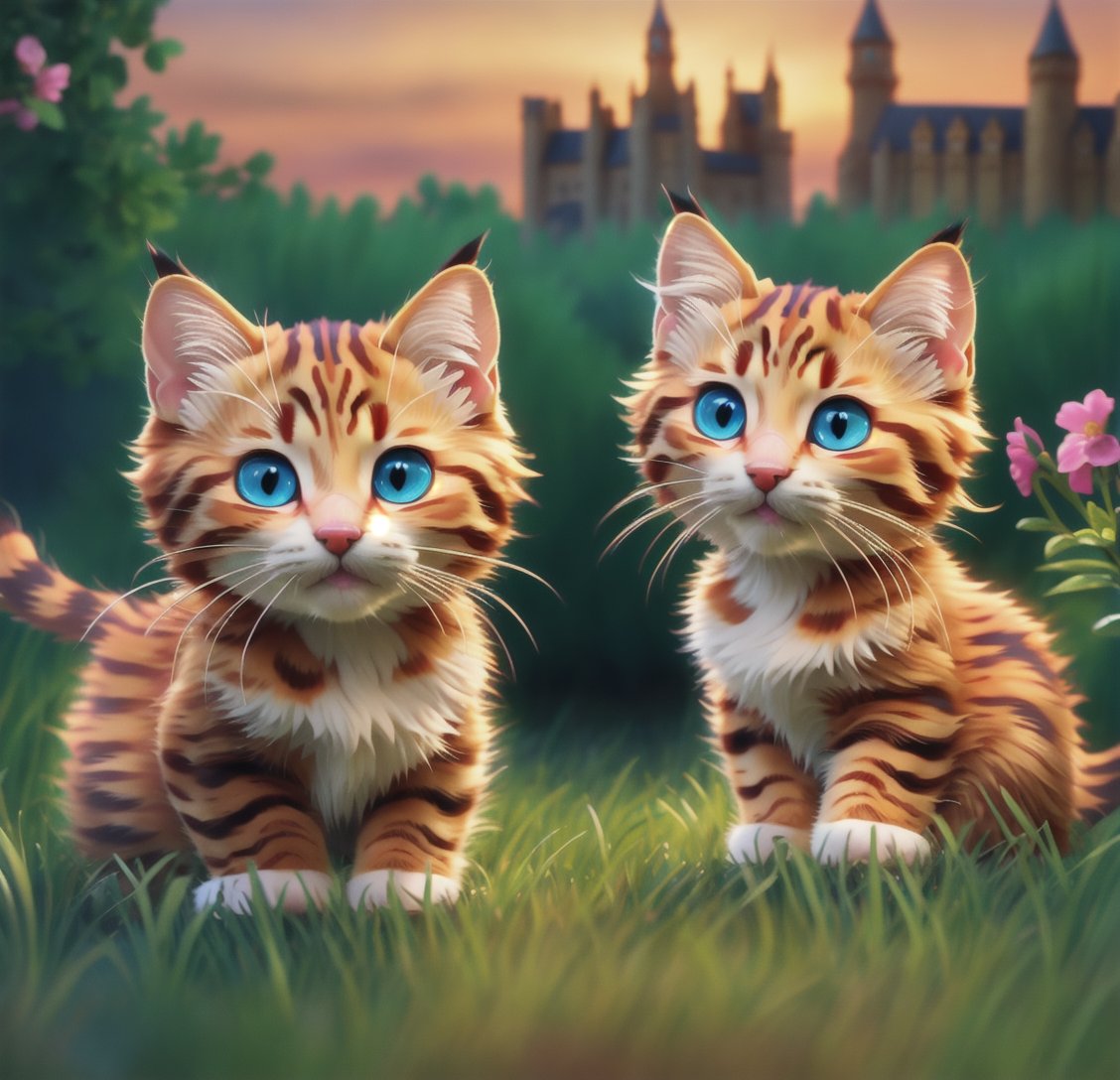 hdr, 8k, subsurface scattering, specular lighting, high resolution, octane rendering, 6 realistic happy kittens playing, castle in the background, big garden, kittens, blue eyes, tender look, cuteness, LOTS OF FLOWERS AND KITTENS,cartoon 