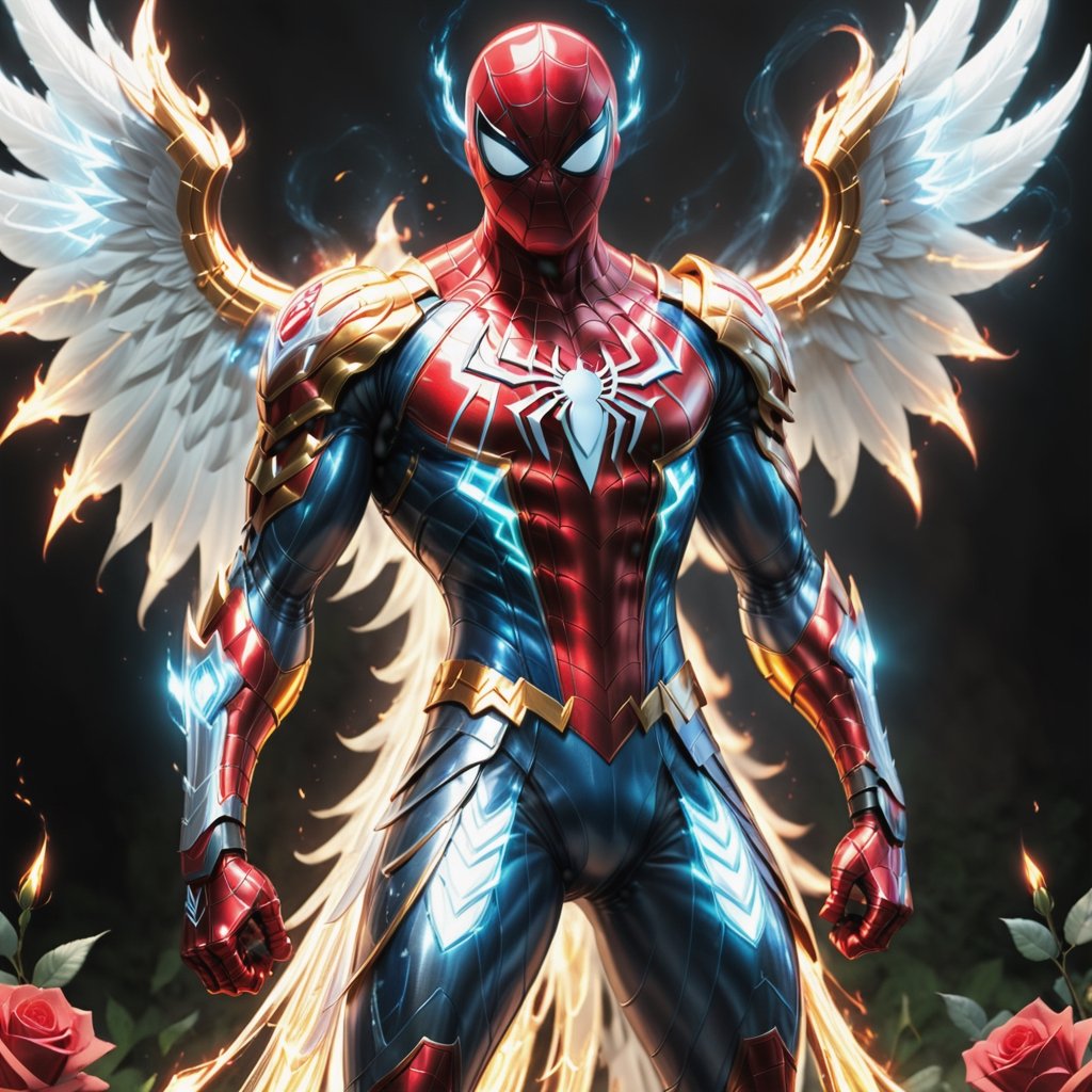 Realistic
Description of a very muscular and highly detailed [WHITE SPIDERMAN with WHITE wings], dressed in full body armor filled with red roses with ELECTRIC LIGHTS all over his body, bright electricity running through his body, full armor, letter medallion. H, H letters all over uniform, H letters all over armor, metal gloves with long sharp blades, swords on arms. , (metal sword with transparent fire blade).holding it in the right hand, full body, hdr, 8k, subsurface scattering, specular light, high resolution, octane rendering, field background, ANGEL WINGS,(ANGEL WINGS ), transparent fire sword, golden field background with red ROSES, fire whip held in his left hand, fire element, armor that protects the entire body, (SPIDERMAN) fire element, fire sword, golden armor, medallion with letter H on his chest,more detail XL,cyborg style