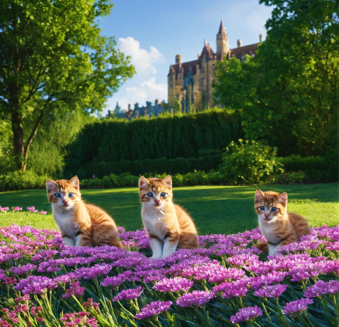 hdr, 8k, subsurface scattering, specular lighting, high resolution, octane rendering, 6 realistic happy 6 kittens playing, castle in the background, big garden, 6 kittens, blue eyes, tender look, cuteness, LOTS OF FLOWERS AND KITTENS,cartoon 