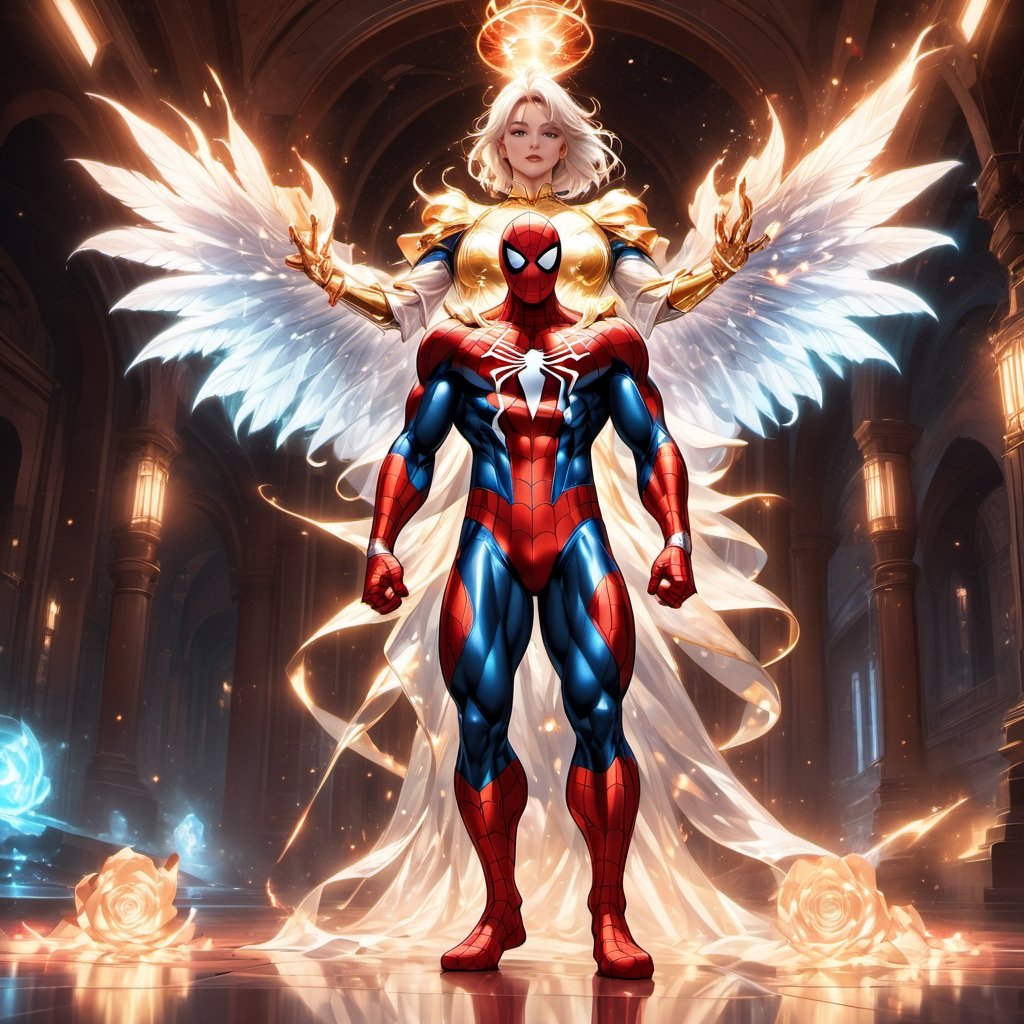 Realistic
Description of a very muscular and highly detailed [very muscular WHITE SPIDERMAN with WHITE wings], dressed in full body armor filled with red roses with ELECTRIC LIGHTS all over his body, bright electricity running through his body, full armor, letter medallion. H, H letters all over uniform, H letters all over armor, metal gloves with long sharp blades, swords on arms. , (metal sword with transparent fire blade).holding it in the right hand, full body, hdr, 8k, subsurface scattering, specular light, high resolution, octane rendering, field background, ANGEL WINGS,(ANGEL WINGS ), transparent fire sword, golden field background with red ROSES, fire whip held in his left hand, fire element, armor that protects the entire body, (SPIDERMAN) fire element, fire sword, golden armor, medallion with letter H on his chest, SPIDERMAN