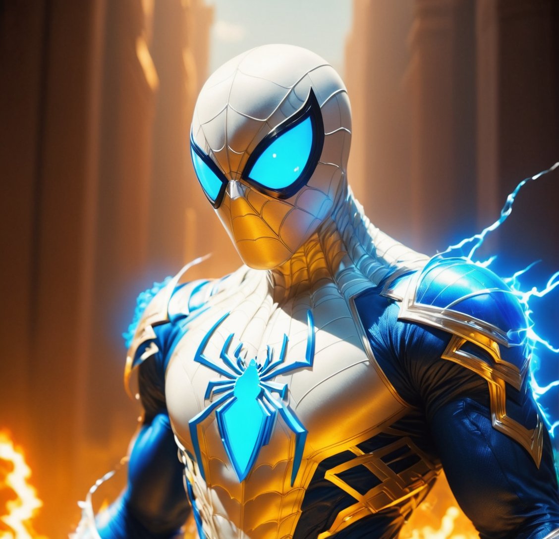 White SPIDERMAN, wears a WHITE suit, uses two blue fire swords, one in each hand, standing on a golden path, holds a blue fire sword in his right hand and a very shiny transparent blue sword in his left hand, muscular , muscular arms, best quality, teacher's workmanship, 8k, uhd, bright light, realistic style, has a letter H on his suit, hyper detailed muscles, DAY lighting, has a belt with letter H buckle,