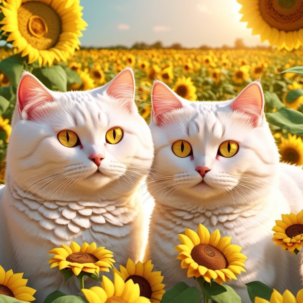 REALISTIC
CUTE WHITE CATS resting and playing among sunflowers and roses, several white cats playing with sunflowers and roses,hdr, 8k, subsurface scattering, specular light, high resolution, octane rendering,cat,more detail XL