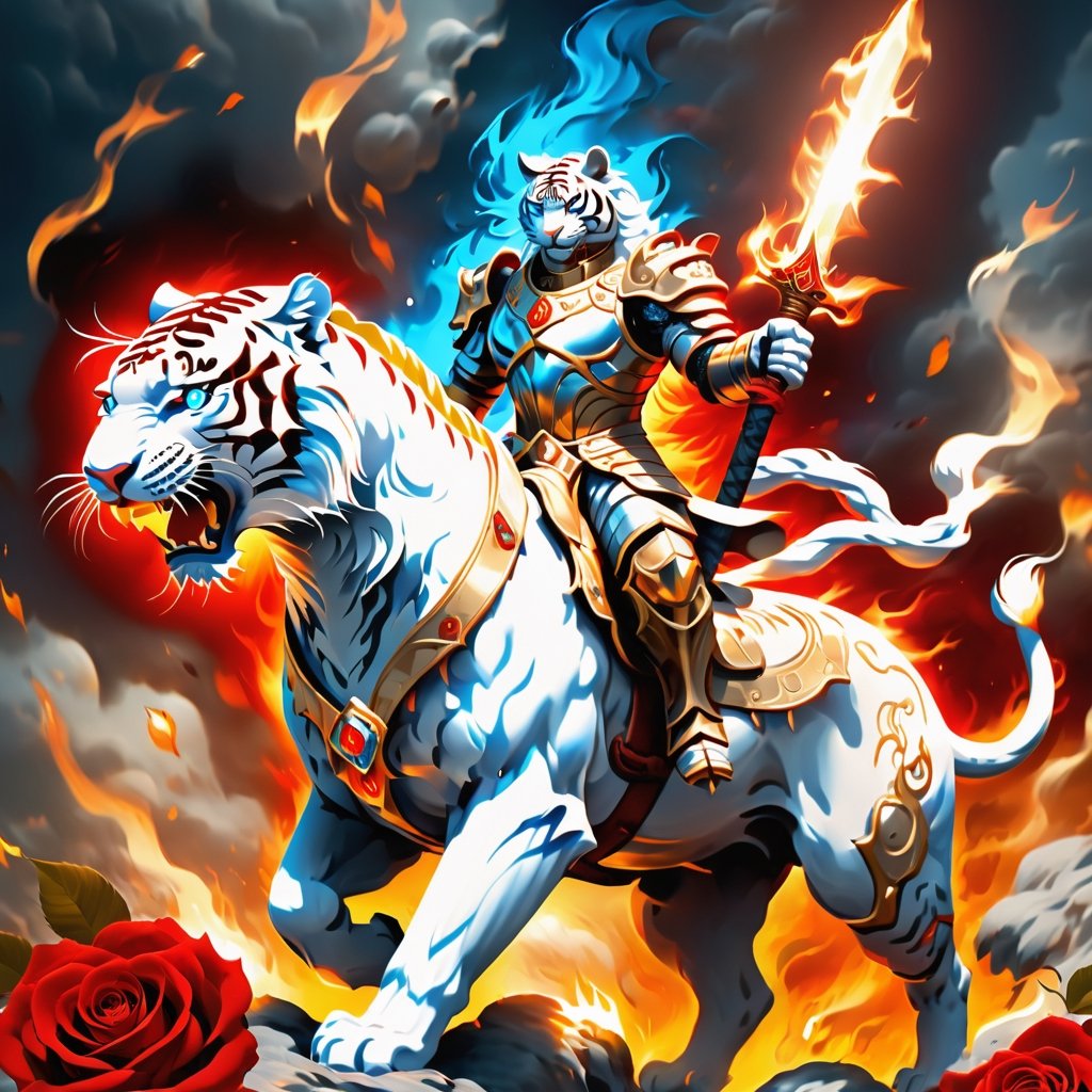 realistic
white human tiger very muscular rider in golden armor.A tiger face with fire sword in his right hand, riding on a very muscular white horse with blue eyes. Golden armor with red roses,red roses background beautiful and sunny countryside setting.Fire sword in right hand,full body image,cyborg style,fire element,composed of fire elements