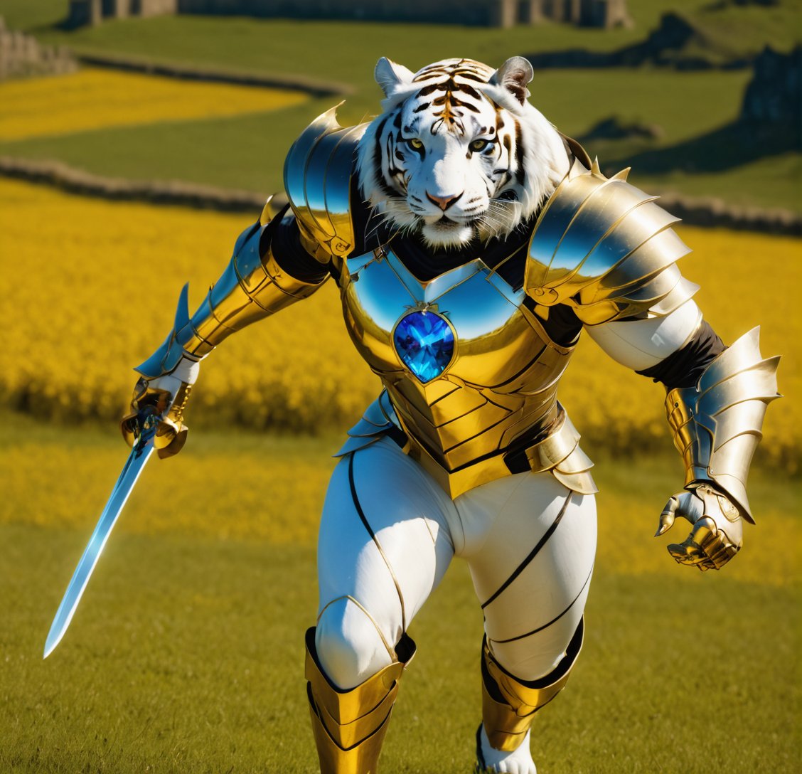 hdr, 8k, subsurface scattering, specular lighting, high resolution, octane rendering, very realistic image, FULL BODY VIEW of a WHITE HUMAN TIGER with full golden armor that covers his entire body in his gauntlets there are blades he is very muscular he is standing on a path made of solid gold coins that is in front of the one full of gold, he has two swords, one in each hand and both swords are made of transparent blue fire, very sharp and shiny, he has golden armor on his entire body, in His chest has a LETTER H, on his chest he wears a medallion with the letter H, he wears very detailed metal gauntlets with blades, there are large treasure chests 
 filled with jewels and gold in abundance in front of their path and very beautiful white cats walk next to them, the background is a field full of edible fruits and in the background there is a majestic castle with flags with the letter H on the sides, there is only solid gold and jewels such as sapphires, emeralds, rubies and gold ingots and a golden road is during the day with good lighting, there are also butterflies of various colors that fly in the sky