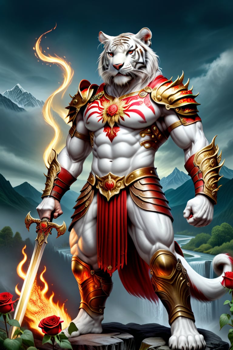 realistic
Full body image of a HUMAN WHITE TIGER warrior with golden and red armor, fire sword in his right hand and very strong shield of roses in his left hand, muscular body, very big muscles, giant muscles, WHITE TIGER face, SKIN WHITE, muscles in arms and legs, background of golden wheat and abundance of rivers and faith, Letter H on her chest, letras H en varias partes