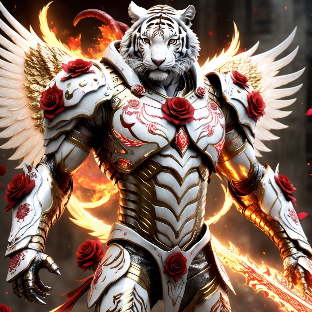 Realistic
Description of a very muscular and highly detailed [WHITE HUMAN TIGER male with WHITE wings], dressed in detailed full body armor filled with red roses with armored plates all over the body, bright electricity running through its body, full armor, medallion with the letter H, metal gloves with long sharp blades, swords on the arms. , (metal sword with transparent fire blade). in right hand, full body, hdr, 8k, subsurface scattering, specular light, high resolution, octane rendering, field background, ANGEL WINGS,(ANGEL WINGS), transparent fire sword, golden field background with ROSES red, fire whip in his left hand, fire element, armor that protects the entire body,(HUMAN TIGER male)fire element,sword fire,golden armor,face tiger,detailmaster2,cyborg