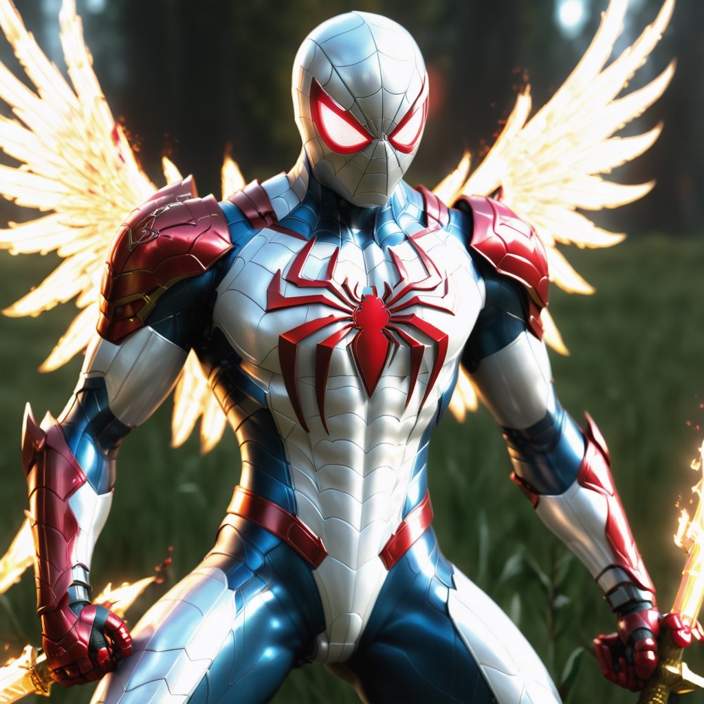 Realistic
Description of a very muscular and highly detailed [WHITE SPIDERMAN with WHITE wings], dressed in full body armor filled with red roses with ELECTRIC LIGHTS all over his body, bright electricity running through his body, full armor, letter medallion. H, H letters all over uniform, H letters all over armor, metal gloves with long sharp blades, swords on arms. , (metal sword with transparent fire blade). in right hand, full body, hdr, 8k, subsurface scattering, specular light, high resolution, octane rendering, field background, ANGEL WINGS,(ANGEL WINGS), transparent fire sword, golden field background with ROSES red, fire whip in his left hand, fire element, armor that protects the entire body, (SPIDERMAN) fire element, fire sword, golden armor, medallion with letter H on his chest,fire element,more detail XL