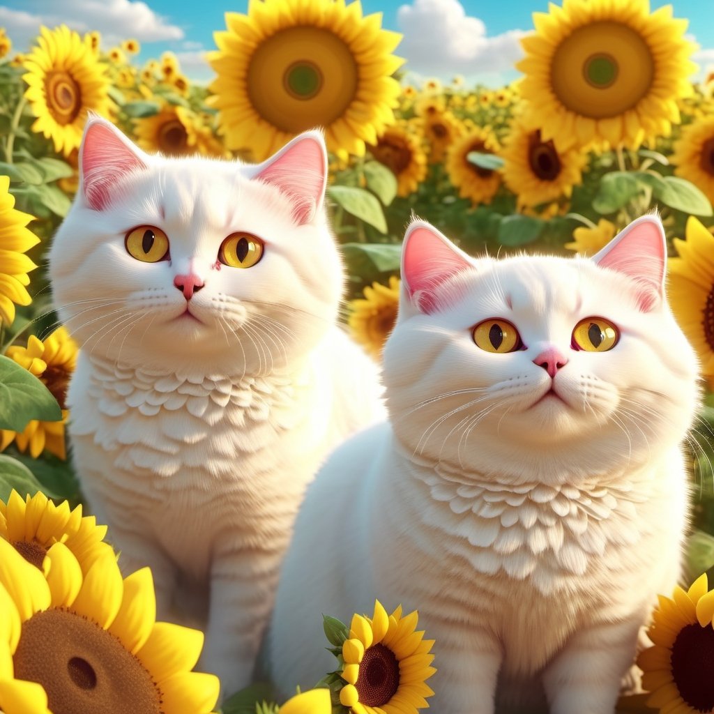 REALISTIC
CUTE happy WHITE CATS playing among sunflowers and roses, several white cats playing with sunflowers and roses, hdr, 8k, subsurface scattering, specular light, high resolution, octane rendering,