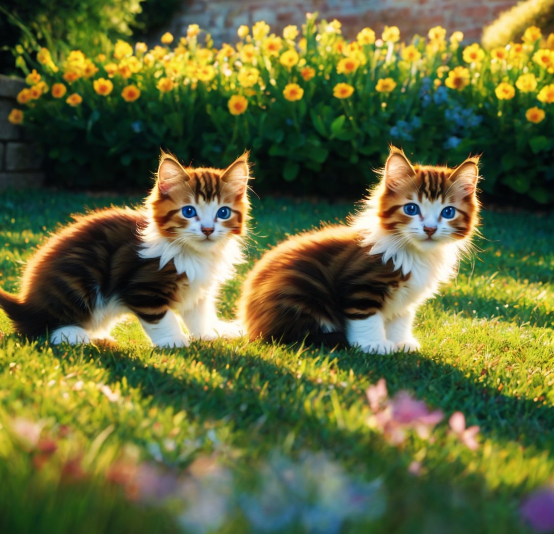 hdr, 8k, subsurface scattering, specular lighting, high resolution, octane rendering, 6 realistic happy kittens playing, castle in the background, big garden, kittens, blue eyes, tender look, cuteness, LOTS OF FLOWERS AND KITTENS,cartoon 