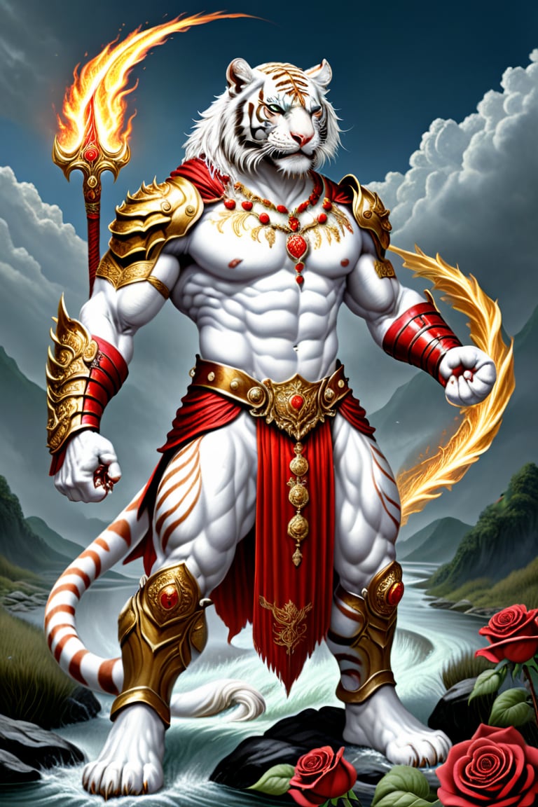 realistic
Full body image of a HUMAN WHITE TIGER warrior with golden and red armor, fire sword in his right hand and very strong shield of roses in his left hand, muscular body, very big muscles, giant muscles, WHITE TIGER face, SKIN WHITE, muscles in arms and legs, background of golden wheat and abundance of rivers and faith, Letter H on his chest, MOUNTED ON A GIANT TIGER, (((H Pendant)))