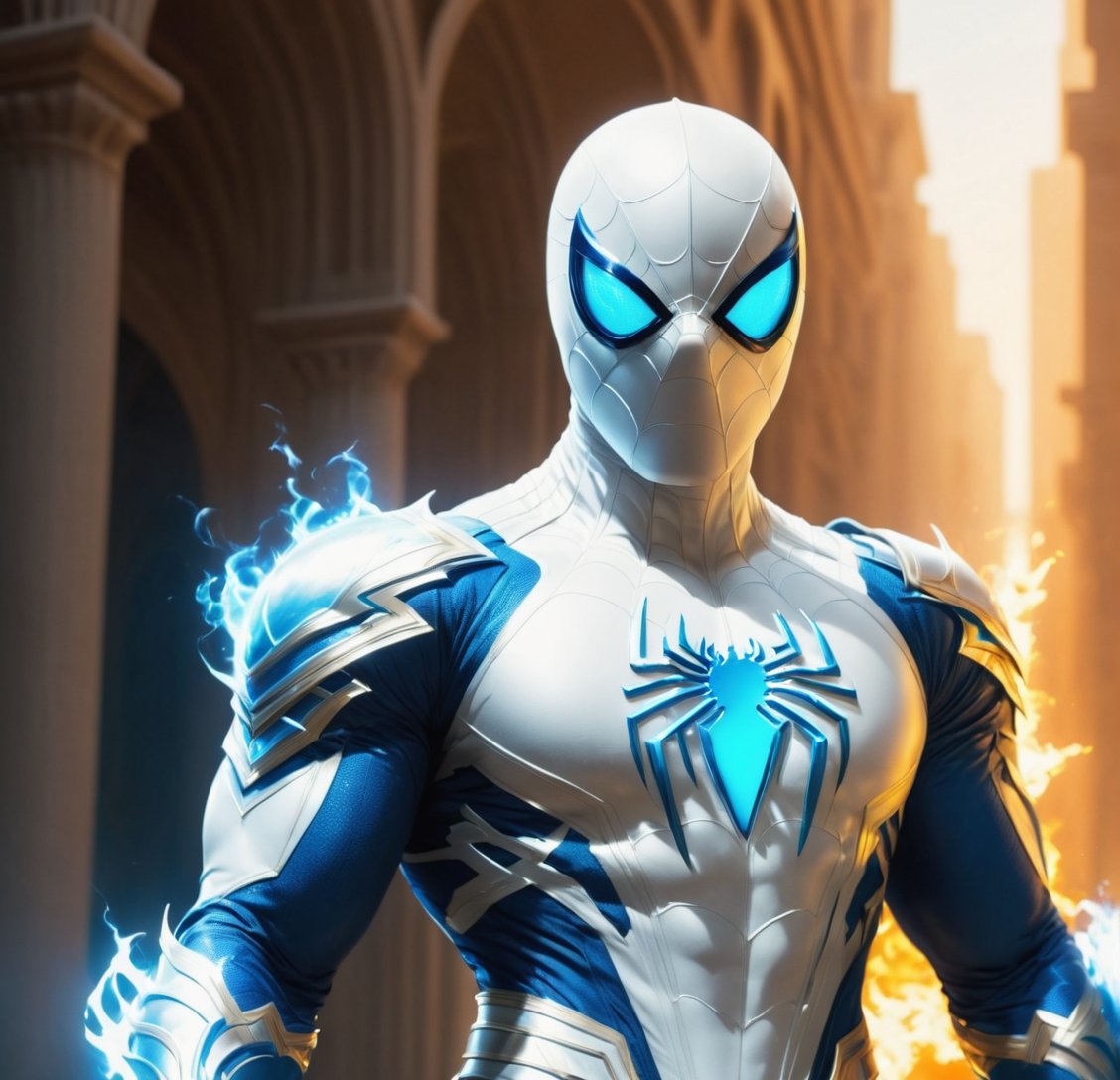 white SPIDERMAN with WHITE mask, wears a WHITE suit, a WHITE mask, uses two blue fire swords, one in each hand, standing on a golden path, holds a blue fire sword in his right hand and a very shiny transparent blue sword on his left hand, muscular, muscular arms, best quality, professor workmanship, 8k, uhd, bright daylight, realistic style, he has a letter H on his suit, hyper-detailed muscles,  DAY lighting, he has a belt with letter H buckle,rmspdvrs
